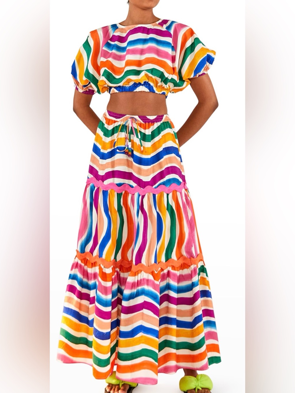 NEW! FARM Rio Vibrant Multicolor Tiered Maxi Skirt and Cropped Top